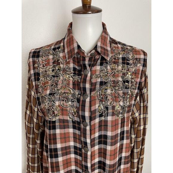 Free People Button Down Shirt Plaid Embroidered Sequin FLAW - Picture 2 of 13